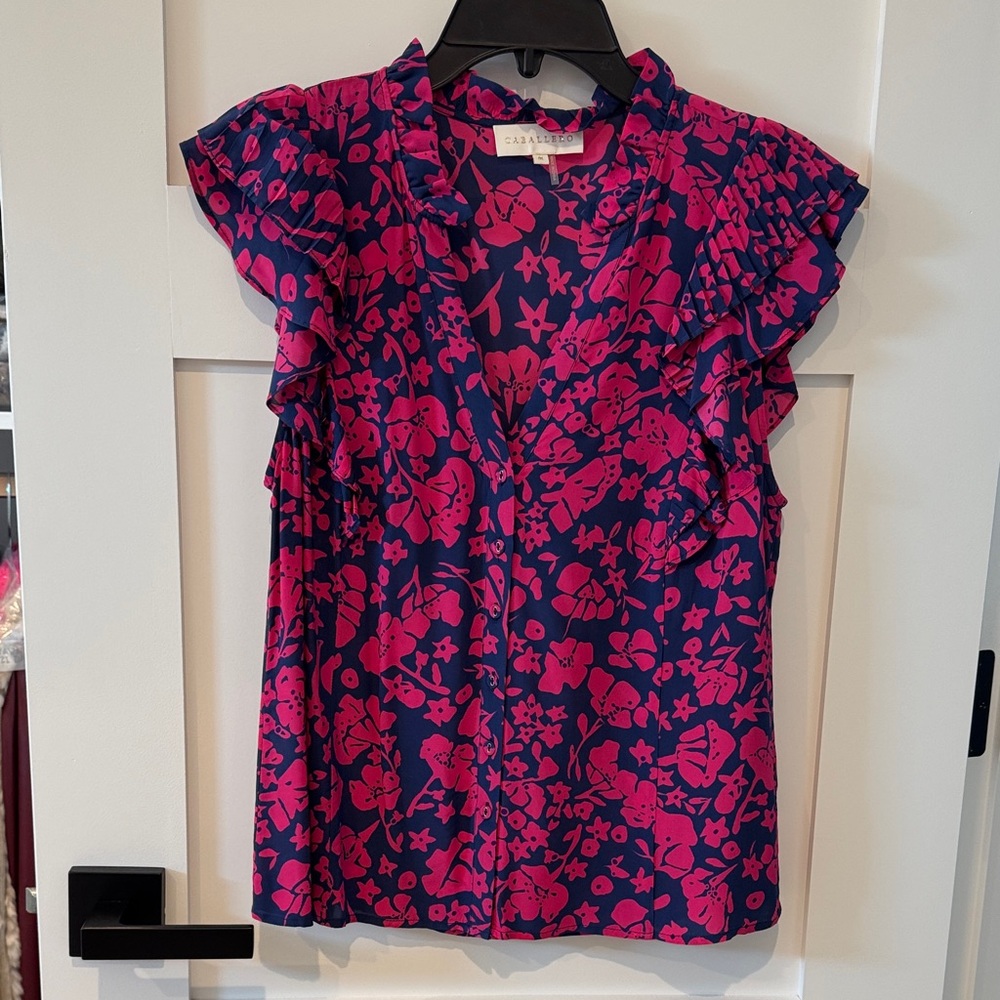 Elegant Floral Ruffle Blouse in Pink and Blue